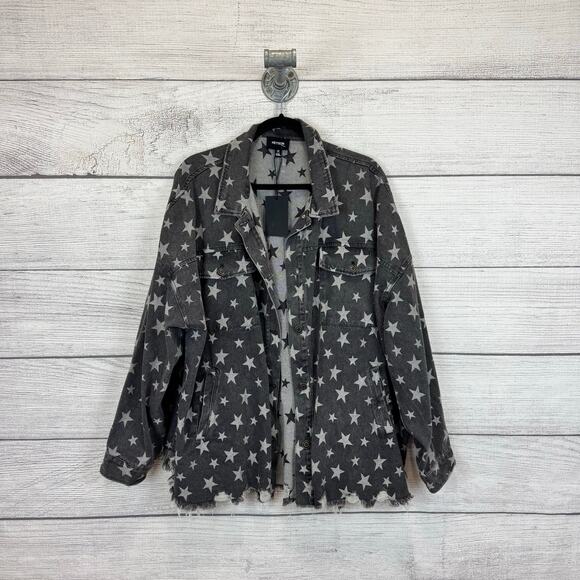 Heyson Plus Size Black Washed Star Printed Distressed Denim Jacket Size 1X - Picture 1 of 8